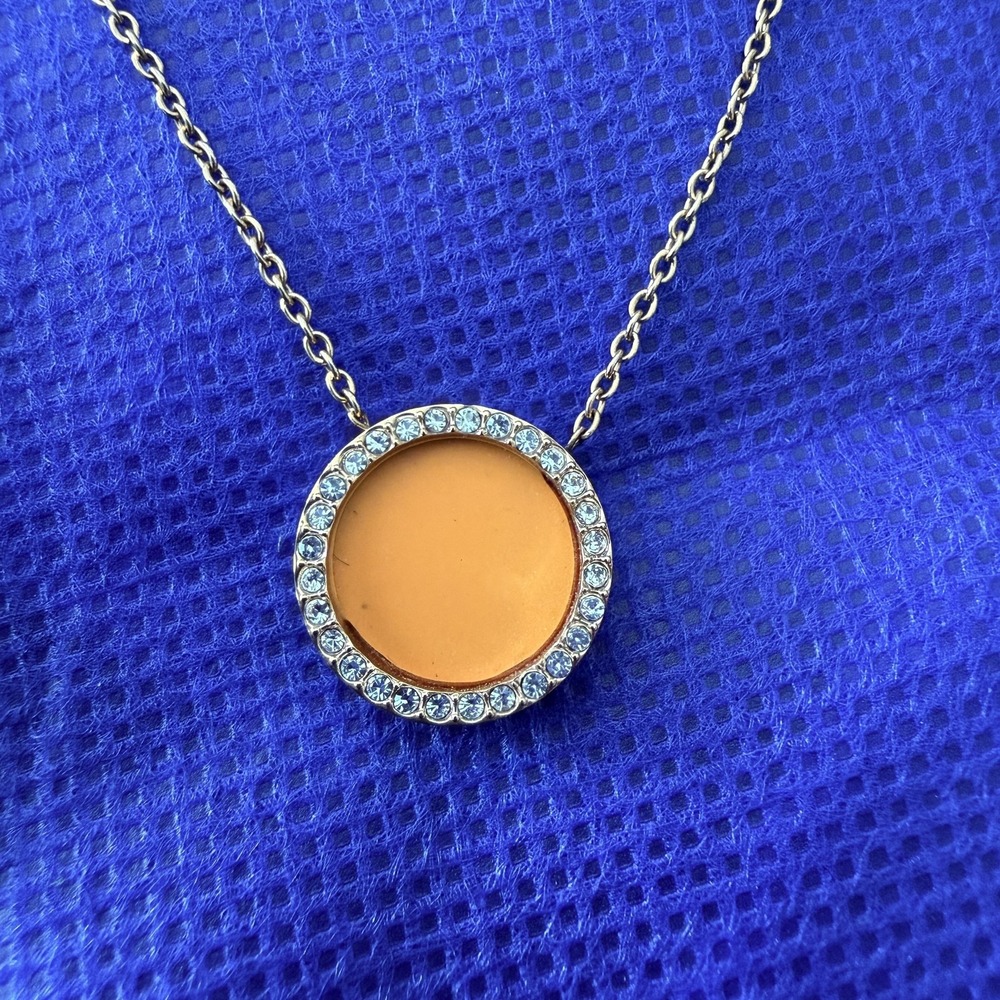 Michael Kors Rose Gold Tone Orange Enamel Crystal Round Pendant Necklace 18 Inch